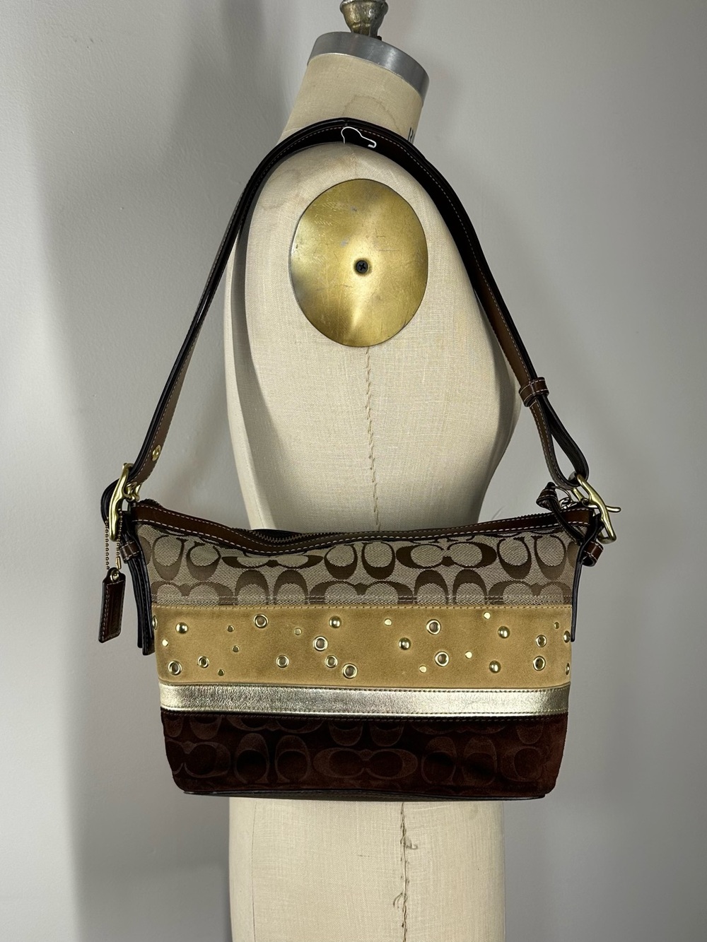 Vintage Coach Monogram Suede Shoulder Bag